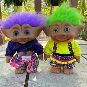 2 Vintage Treasure Troll Ace Novelty Large 8" Trolls with Outfits